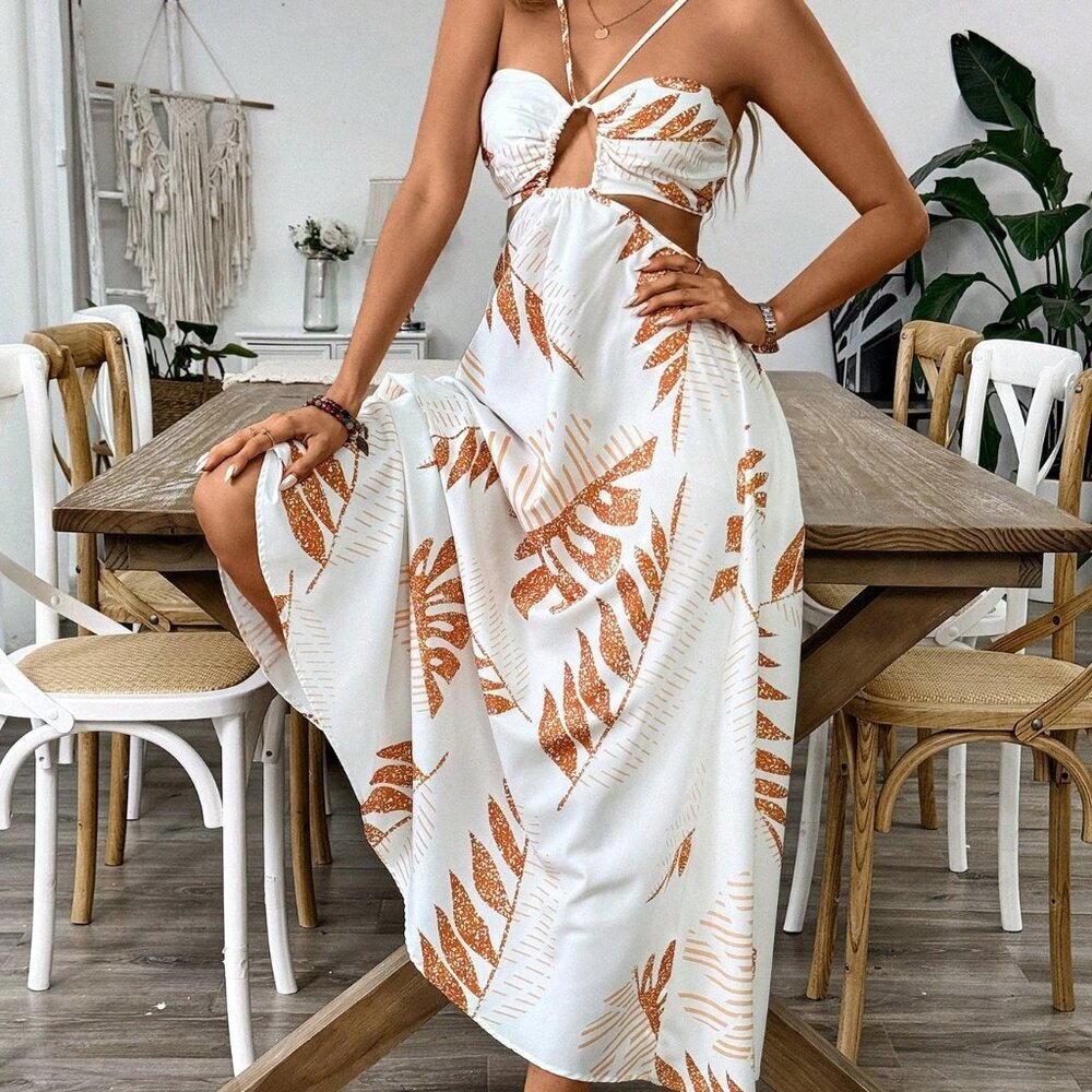 Multicolor Boho Women's Tropical Hollow Out Backless Halter Maxi Beach Dress - Picture 3 of 5